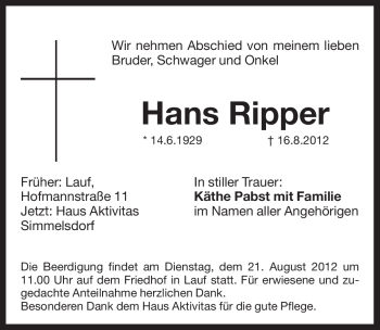 Traueranzeige von Hans Ripper von Pegnitz-Zeitung